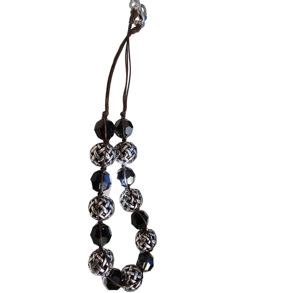Brighton Necklaace Black faceted and silver beads with brown thread